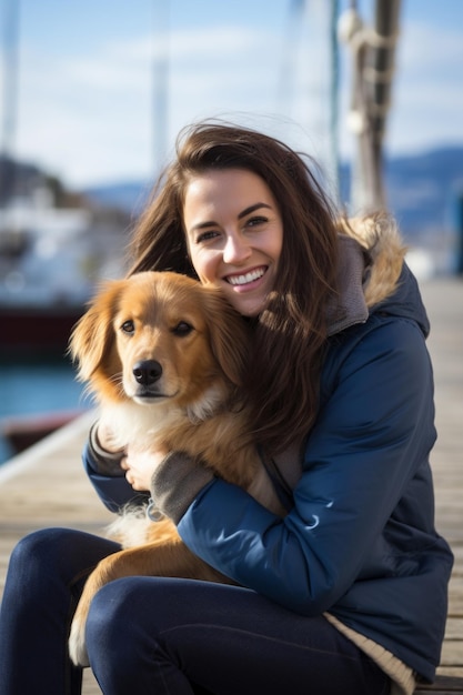 Jonge aantrekkelijke vrouw zit aan de pier met haar hond omhelst en streelt een mooi huisdier Generatieve AI