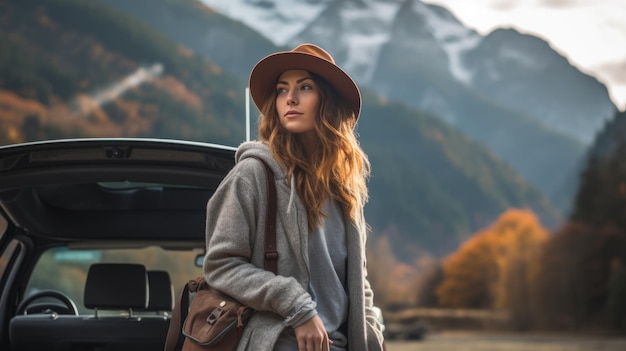 Jonge aantrekkelijke vrouw zit bij de auto en bewondert een prachtig landschap tijdens een reis Gemaakt met generatieve AI-technologie