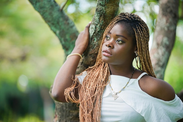 Jonge Aantrekkelijke Zwarte Huid Vrouw Afro Kapsel In De Natuur Achtergrond