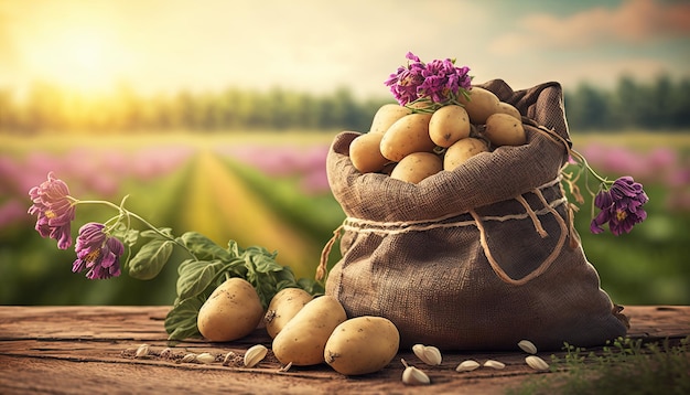 Jonge aardappelen in jutezak op houten tafel met bloeiend landbouwveld op de achtergrond Generatieve ai