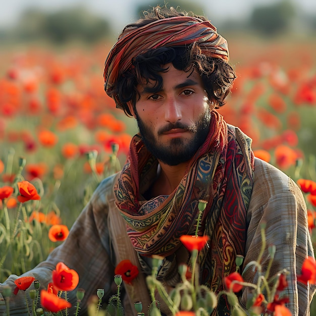 Jonge Afghaanse man in nationale kleding in een veld van papaver ziet er somber uit