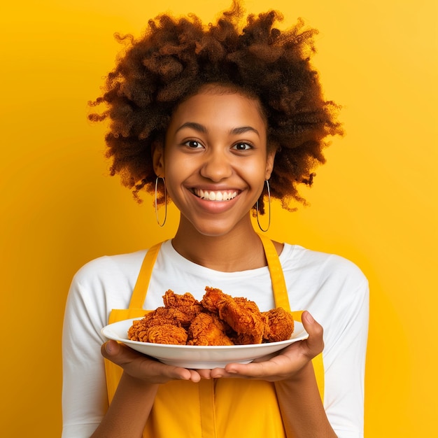 Foto jonge afrikaans-amerikaanse vrouw serveert gebakken kip op een bord