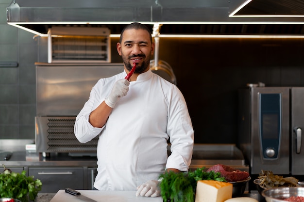 jonge Afrikaanse chef-kok die zich in professionele keuken in restaurant bevindt dat een maaltijd van vlees voorbereidt