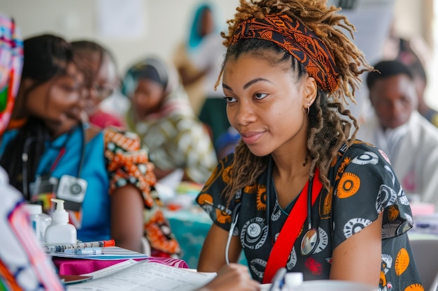 Jonge Afrikaanse vrouw die een workshop bijwoont met collega's in een heldere, kleurrijke vergaderzaal