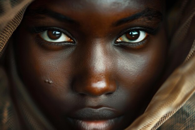 Jonge Afrikaanse vrouw met boeiende ogen en een traditionele hoofddoek die elegantie en enigma uitstraalt in een close-up portret zacht verlicht door natuurlijk licht