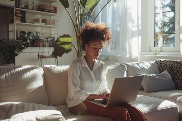 jonge Afrikaanse vrouw met een moderne laptop in de woonkamer