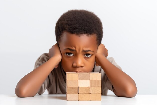 Jonge Afro-Amerikaanse jongen met houten puzzel kind geestelijke gezondheid concept autisme spectrum stoornis bewustzijn concept onderwijs op witte achtergrond kopieer ruimte