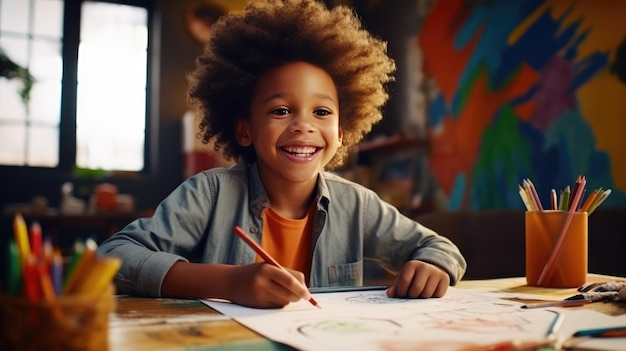 jonge Afro-Amerikaanse kunstenaar, een enthousiast jongetje zit op een tafel en verdiept zich in het creëren van een kleurrijk meesterwerk op een boek met behulp van stiften