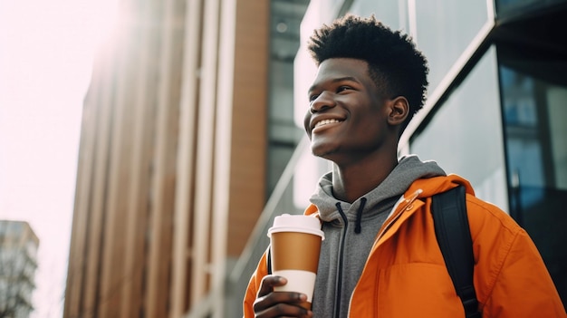 Jonge Afro-Amerikaanse man die zijn herbruikbare koffiekopje vasthoudt terwijl hij staat