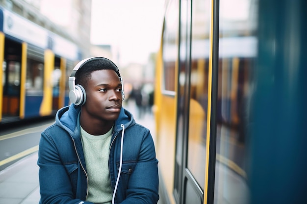 Jonge Afro-Amerikaanse man luistert naar muziek bij de bushalte.