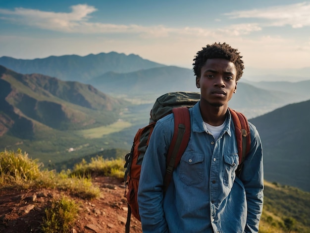 Jonge Afro-Amerikaanse man met een toeristische rugzak staat op de top van een rots in de bergen reist