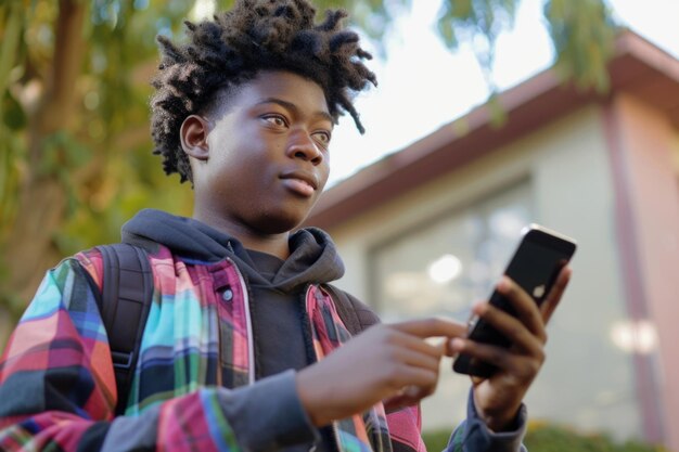 Foto jonge afro-amerikaanse man wijst naar zijn smartphone scherm zwarte tieners