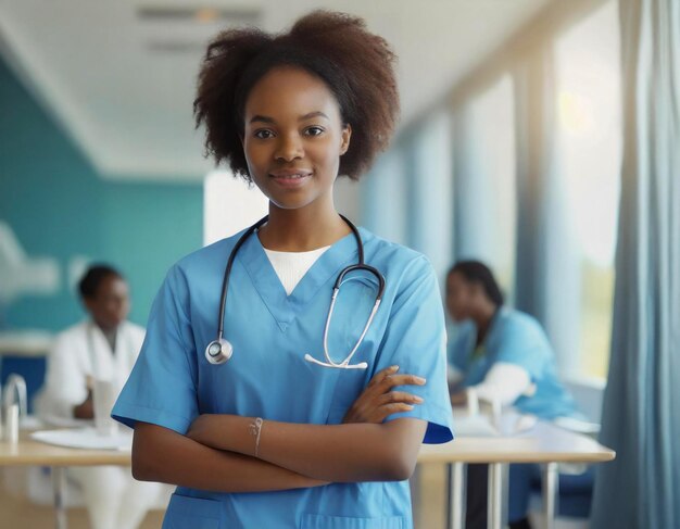 jonge Afro-Amerikaanse schoonheid verpleegster vrouw Afro op het werk ontmoeting in het ziekenhuis