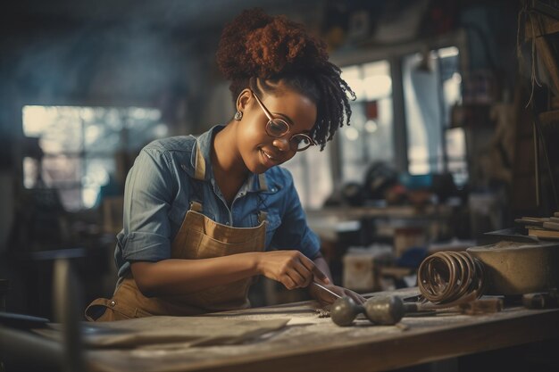 Foto jonge afro-amerikaanse vrouw ambachtsvrouw die in haar werkplaats werkt