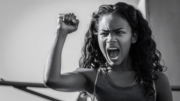 Foto jonge afro-amerikaanse vrouw die met haar vuist gebaren maakt over vrouwelijke empowerment