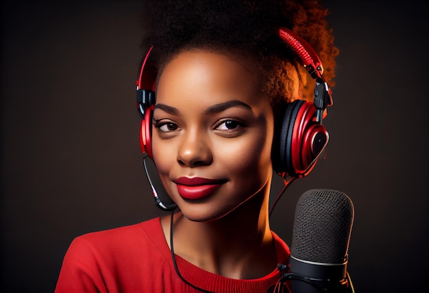 Jonge afro-amerikaanse vrouw in rode t-shirt radiopresentator met koptelefoon en microfoonportret Genereer Ai