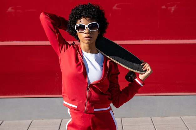 Jonge Afro-Amerikaanse vrouw in sportkleding en een skateboard op een rood gekleurde achtergrond