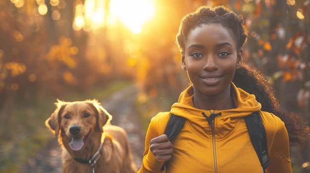 Jonge Afro-Amerikaanse vrouw loopt met haar hond in het herfstpark.