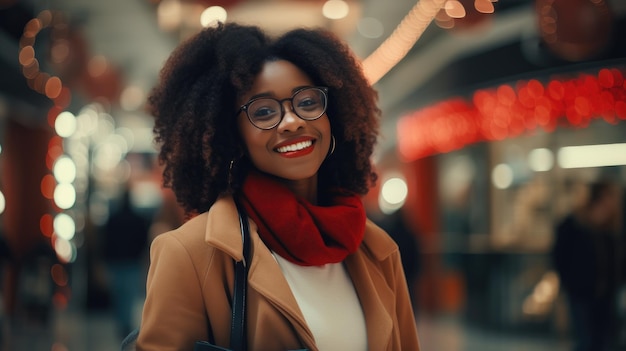 Jonge Afro-Amerikaanse vrouw met een bril met een kerstcadeau in een groot winkelcentrum ze glimlacht