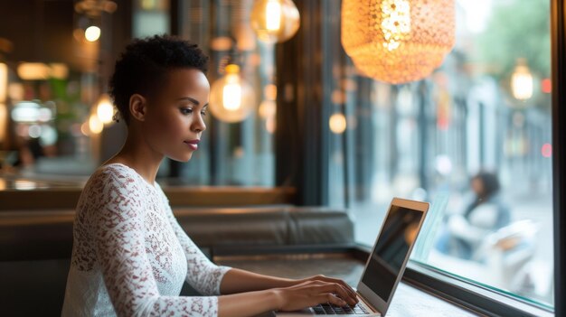 Jonge Afro-Amerikaanse vrouw met een laptop in een café.