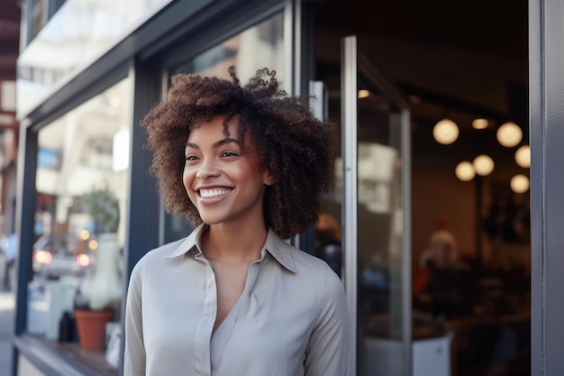 Jonge Afro-Amerikaanse vrouw met krullend haar staande voor een winkel