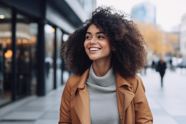 Jonge Afro-Amerikaanse vrouw met krullend haar staande voor een winkel