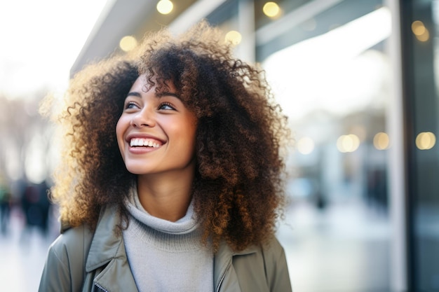 Jonge Afro-Amerikaanse vrouw met krullend haar staande voor een winkel