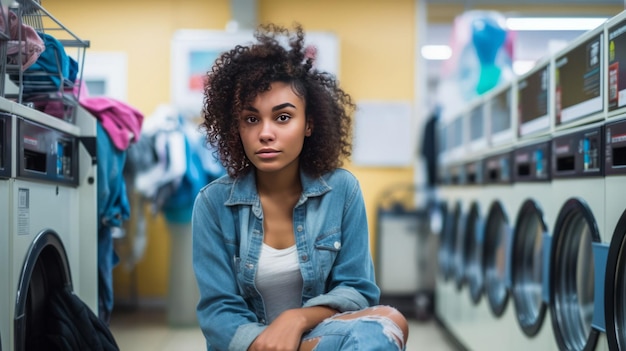 Jonge Afro-Amerikaanse vrouw wacht in een wasserette.