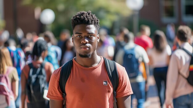 Jonge afro man met een rugzak op de universiteit