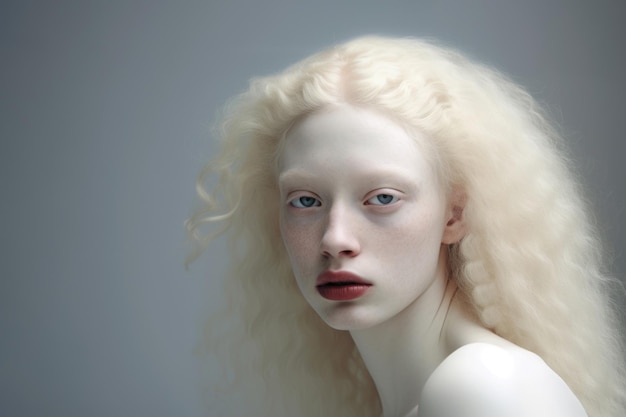 Foto jonge albinovrouw met bleke witte huid en blond haar meisje met albinisme diversiteit en lichaamspositiviteit concept