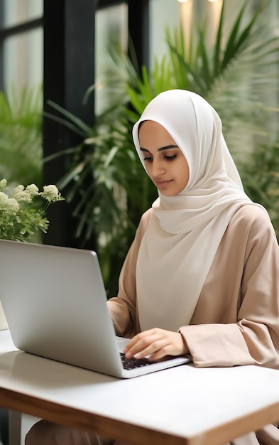 Jonge Arabische vrouw in hijab die een laptop gebruikt in een café of coworking space