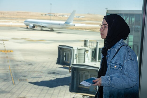 Foto jonge arabische vrouw met haar paspoort op de luchthaven klaar voor een nieuw avontuur met vliegtuig op de achtergrond