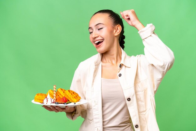 Jonge Arabische vrouw met wafels over geïsoleerde achtergrond die een overwinning viert