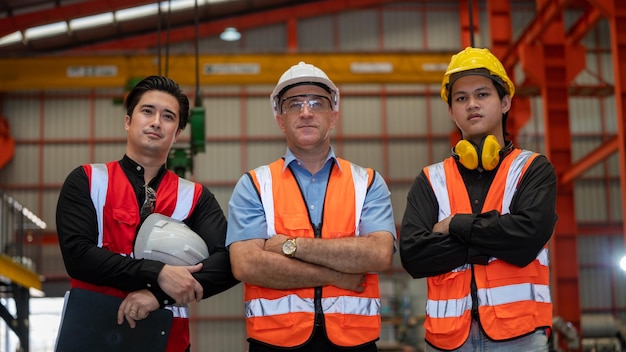 Jonge arbeider en expertise en kennis in fabrieken in de zware industrie Een gelukkige trotse senior en jonge fabrieksarbeider staat met gekruiste armen Partnerindustrie en kijkt naar de camera