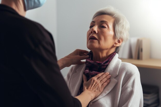 Foto jonge arts palpteert de nek van een oudere vrouw, een oudere patiënt die een arts bezoekt in het ziekenhuis.