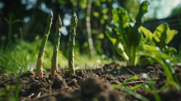 Jonge asparagusscheuten komen uit de grond en genieten van het warme zonlicht