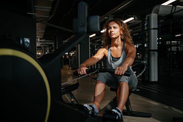 Foto jonge atletische vrouw houdt zich bezig met fitness op een roeimachine in de sportschool in het zonlichtconcept van...