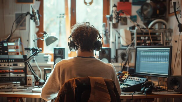 Foto jonge audio-ingenieur werkt aan de mixconsole in zijn studio hij draagt koptelefoon en is geconcentreerd op zijn werk