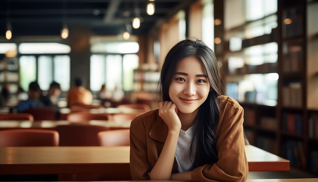 Jonge Aziatische Chinese student in de bibliotheek