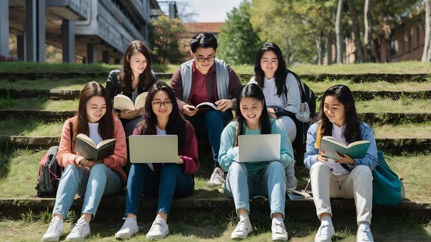 Jonge Aziatische Indiase studenten lezen boeken, studeren op een laptop, bereiden zich voor op een examen of werk.