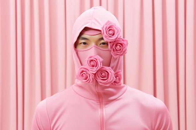 Jonge Aziatische man in roze pak met roze hoodie met bloemen roze achtergrond Valentijnsdag