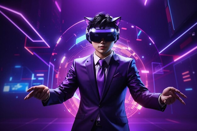 Jonge Aziatische man met een VR-headset geniet van het spelen van videogames en zweven in de lucht op een futuristische paarse cyberpunk neonlichtbanner achtergrond Metaverse technologie concept