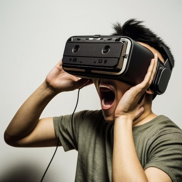 Jonge aziatische man met virtual reality-bril VR-headset Generatieve AI