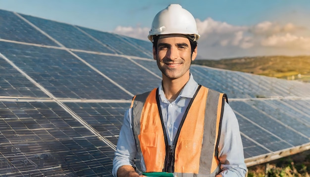 Jonge Aziatische mannelijke energiebedrijfster werkt in een zonne-energiecentrale.