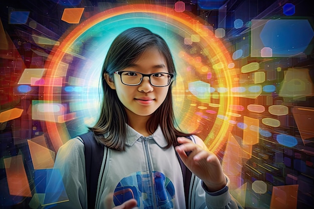 Jonge aziatische meisjes die technologie gebruiken als middel om het Ed tech-concept te leren