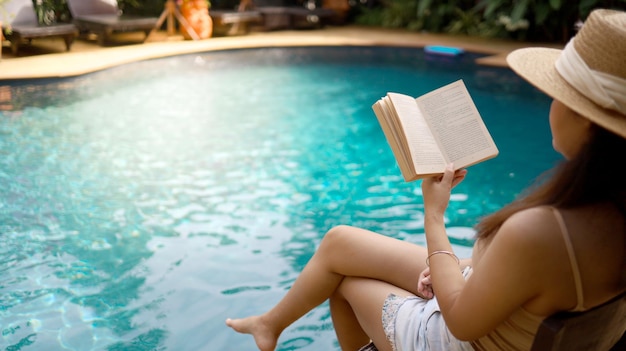 Jonge aziatische Mooie vrouw ontspannen in het zwembad in het kuuroord Mooi tropisch hotelresort aan het strand met zwembad