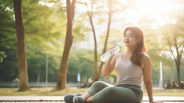 Foto jonge aziatische plusgrote vrouw zit op een yogamat in het park en drinkt water na het sporten