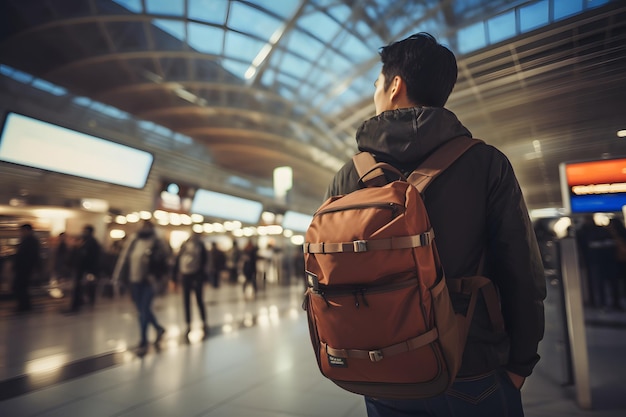 Foto jonge aziatische reiziger die op vlucht wacht op de luchthaven