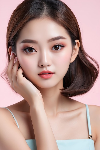 Jonge Aziatische schoonheid vrouw trekken haar terug met Koreaanse make-up stijl op het gezicht en perfecte schoon