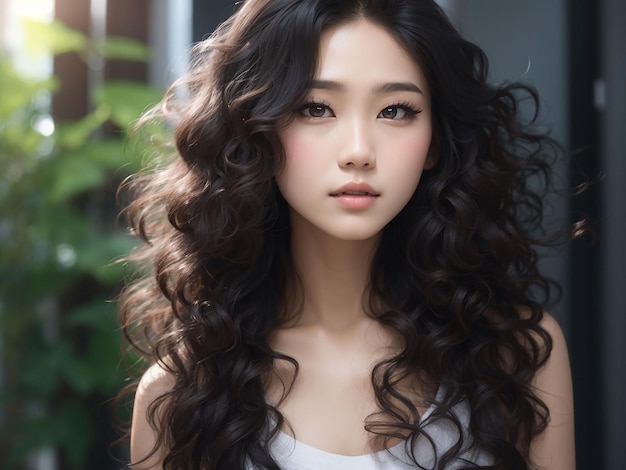 Jonge Aziatische schoonheidsvrouw krullend lang haar met Koreaanse make-upstijl op gezicht en perfecte huid